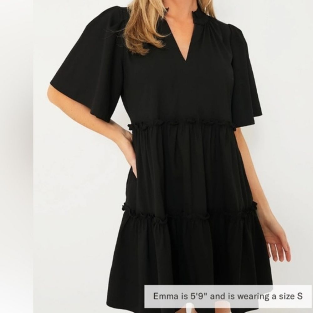 3358 Tuckernuck Black Crepe Crawford Mini Dress Tiered Ruffle Shift Small NWT
